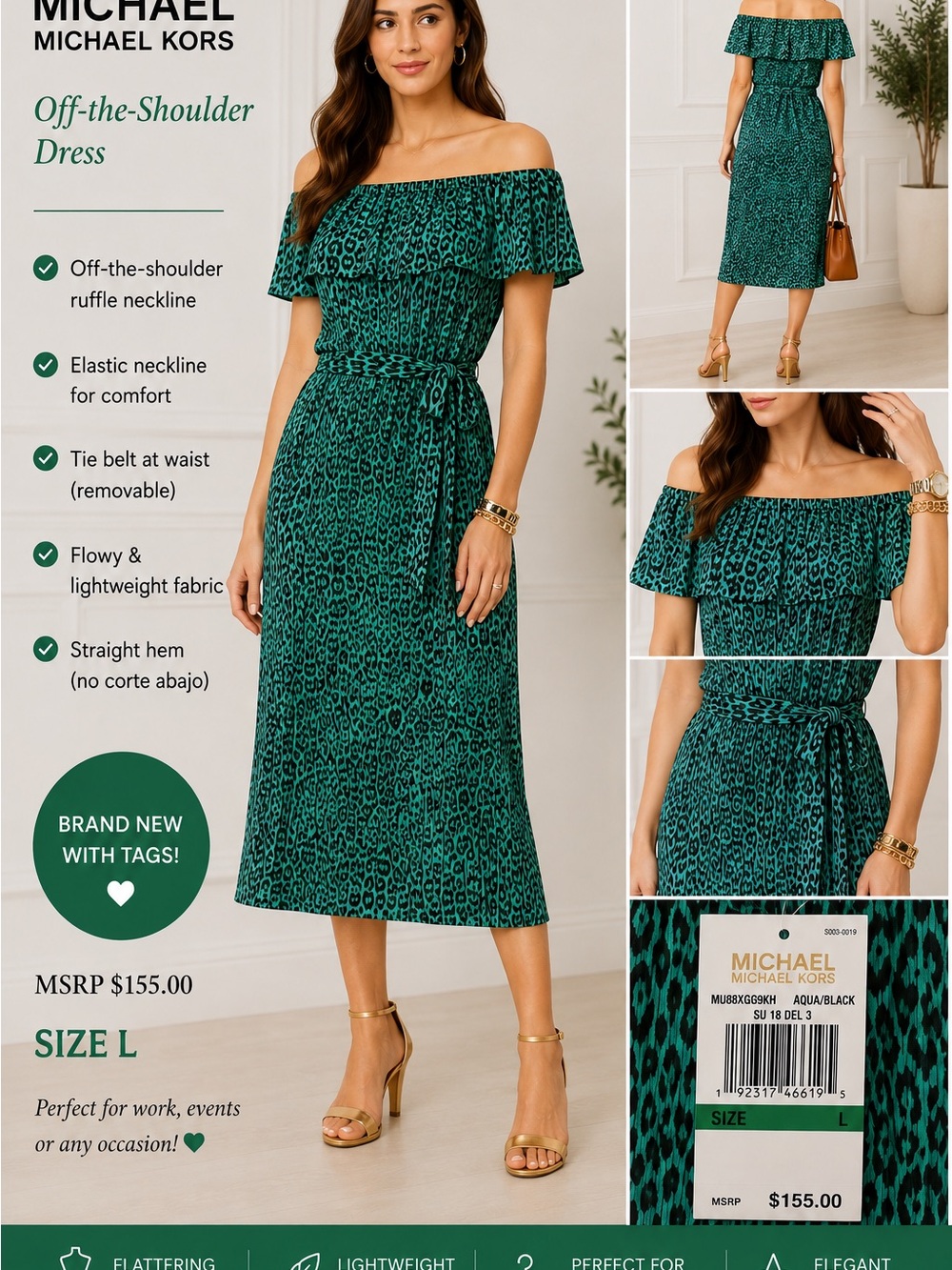 MICHAEL Michael Kors Teal/Black Off-the-Shoulder Tie-Waist Midi Dress